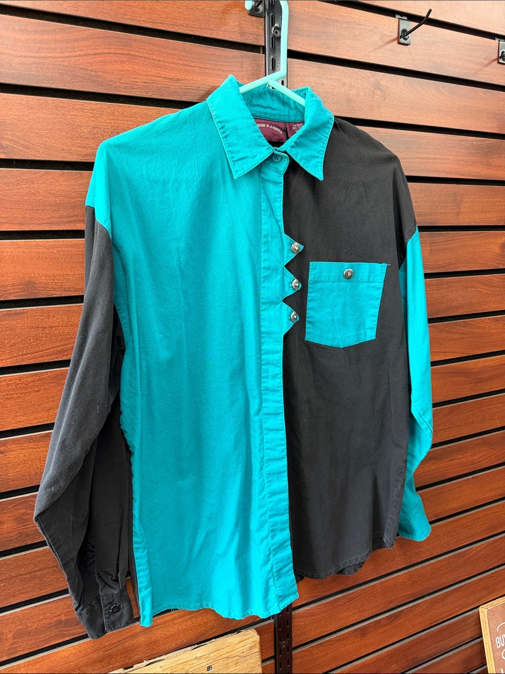Vintage Men's Two-Tone Teal and Black Casual Button-Down Shirt